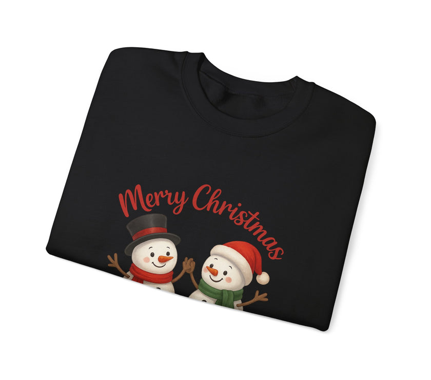 Black sweatshirt with 'Merry Christmas' text and snowman graphics on a white background