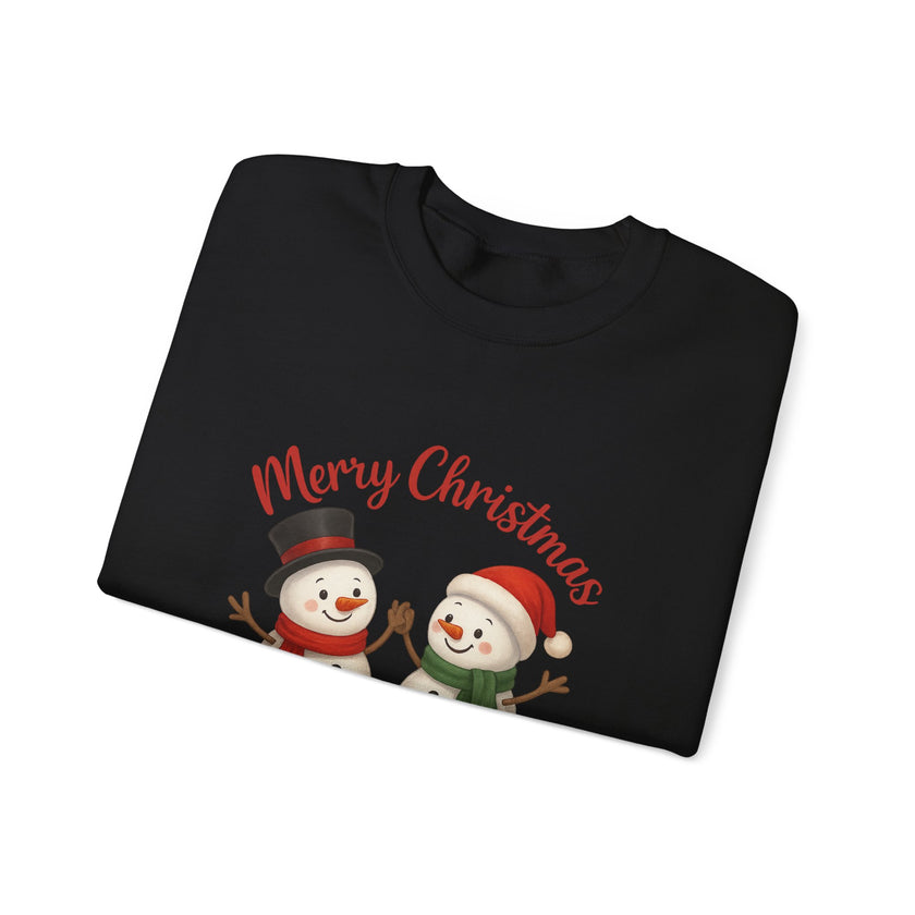Black sweatshirt with 'Merry Christmas' text and snowman graphics on a white background
