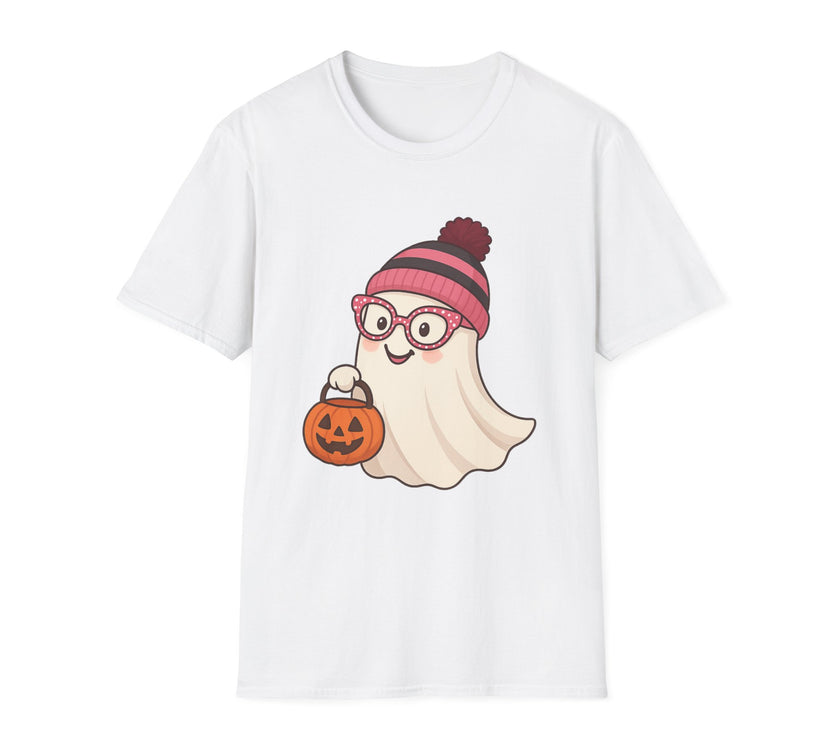 White t-shirt with a cartoon ghost wearing a beanie and glasses holding a pumpkin on a white background