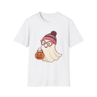 White t-shirt with a cartoon ghost wearing a beanie and glasses holding a pumpkin on a white background