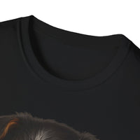 Close-up of a black t-shirt collar with a dog's head peeking out from underneath.