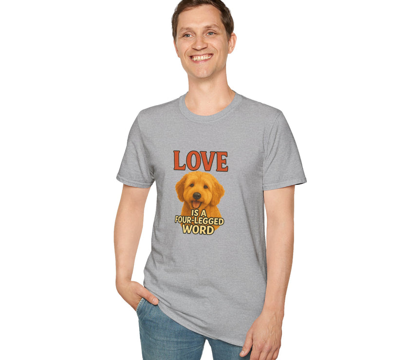 Person wearing a gray t-shirt with a dog graphic and text on a white background