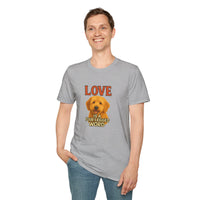 Person wearing a gray t-shirt with a dog graphic and text on a white background