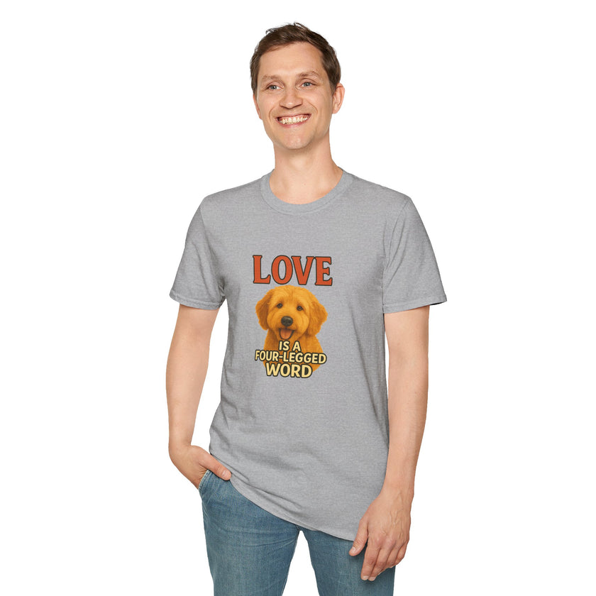 Person wearing a gray t-shirt with a dog graphic and text on a white background