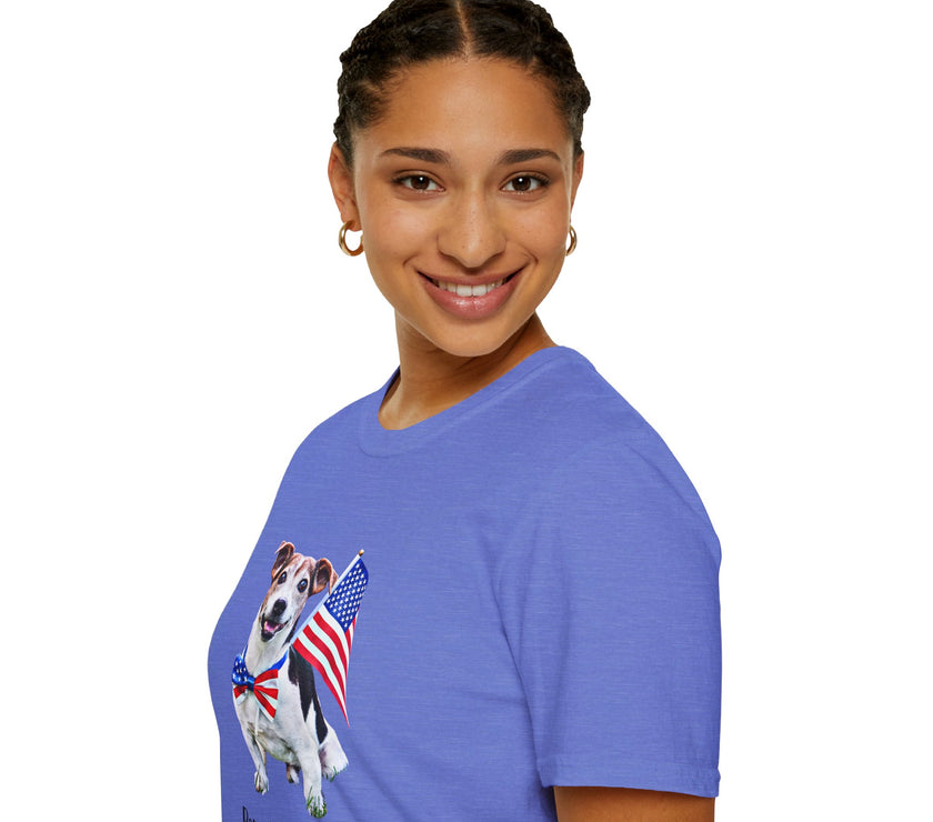 Female wearing T-shirt featuring a cute  puppy wearing an American flag bow tie and holding a small U.S. flag, with the phrase 'Born to Be Free' printed below the image.