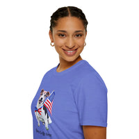 Female wearing T-shirt featuring a cute  puppy wearing an American flag bow tie and holding a small U.S. flag, with the phrase 'Born to Be Free' printed below the image.