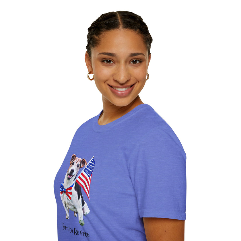Female wearing T-shirt featuring a cute  puppy wearing an American flag bow tie and holding a small U.S. flag, with the phrase 'Born to Be Free' printed below the image.