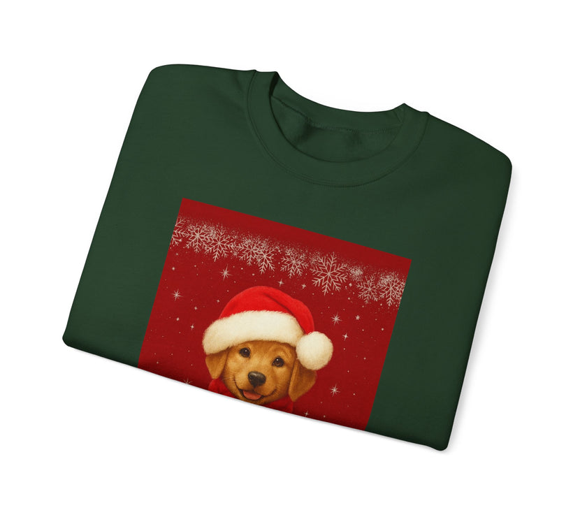 Green t-shirt with a dog wearing a Santa hat on a red background