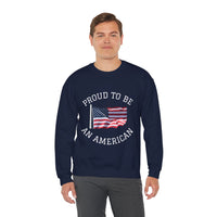Man wearing a navy sweatshirt with 'Proud to be an American' text and flag design on a white background