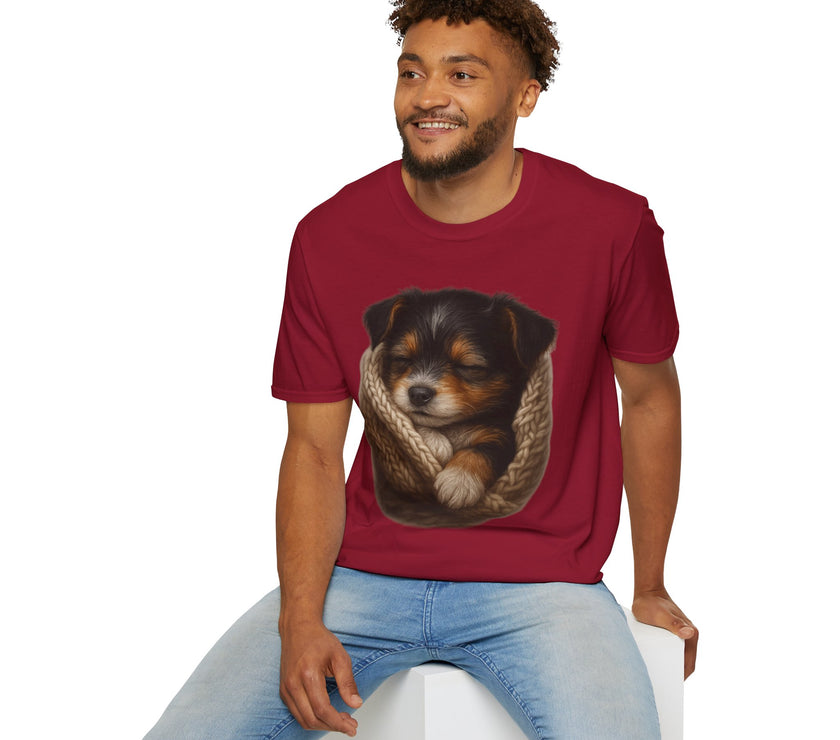 Man wearing a red t-shirt with a dog graphic on a white background
