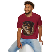 Man wearing a red t-shirt with a dog graphic on a white background
