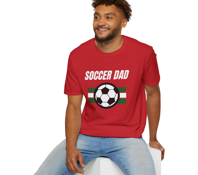 Man wearing a red 'Soccer Dad' t-shirt with a soccer ball graphic on a white background