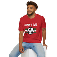 Man wearing a red 'Soccer Dad' t-shirt with a soccer ball graphic on a white background