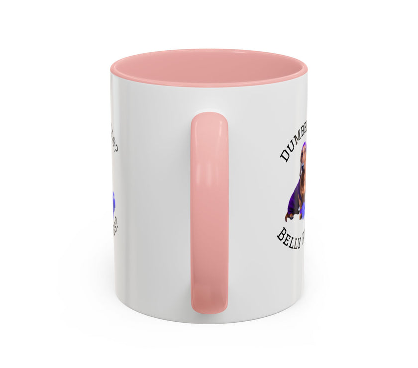 Two tone ceramic mug featuring a dachshund next to dumbbells and the humorous text 'Dumbbells? Belly Rubs?', designed for dog lovers and fitness enthusiasts.