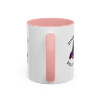 Two tone ceramic mug featuring a dachshund next to dumbbells and the humorous text 'Dumbbells? Belly Rubs?', designed for dog lovers and fitness enthusiasts.