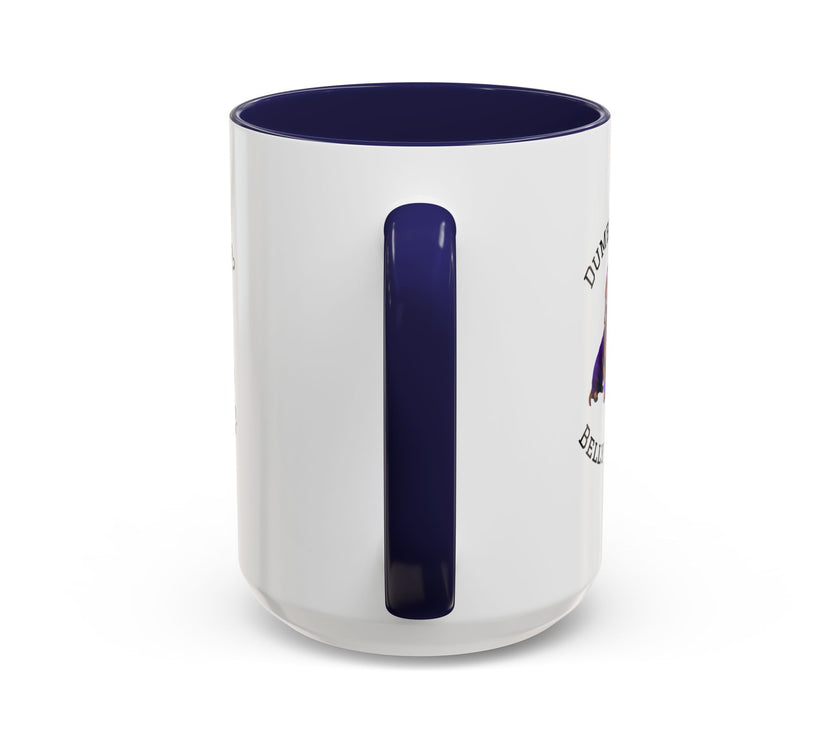 Two tone ceramic mug featuring a dachshund next to dumbbells and the humorous text 'Dumbbells? Belly Rubs?', designed for dog lovers and fitness enthusiasts.