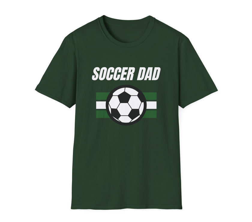 Green t-shirt with 'Soccer Dad' text and soccer ball graphic on a white background