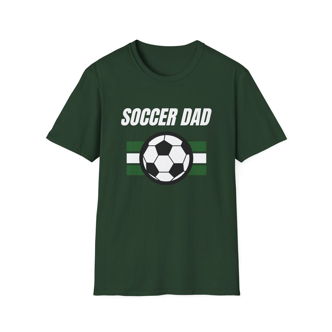 Green t-shirt with 'Soccer Dad' text and soccer ball graphic on a white background