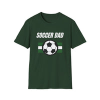Green t-shirt with 'Soccer Dad' text and soccer ball graphic on a white background