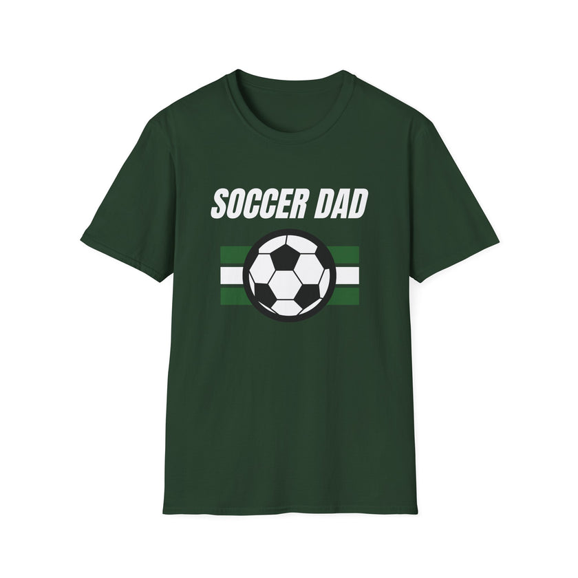 Green t-shirt with 'Soccer Dad' text and soccer ball graphic on a white background