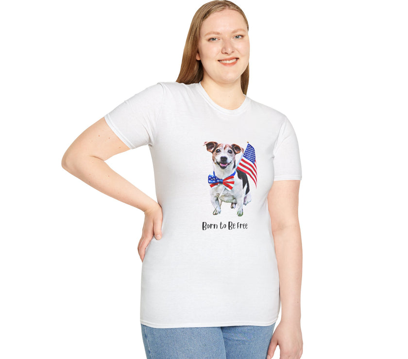 Female wearing T-shirt featuring a cute  puppy wearing an American flag bow tie and holding a small U.S. flag, with the phrase 'Born to Be Free' printed below the image.