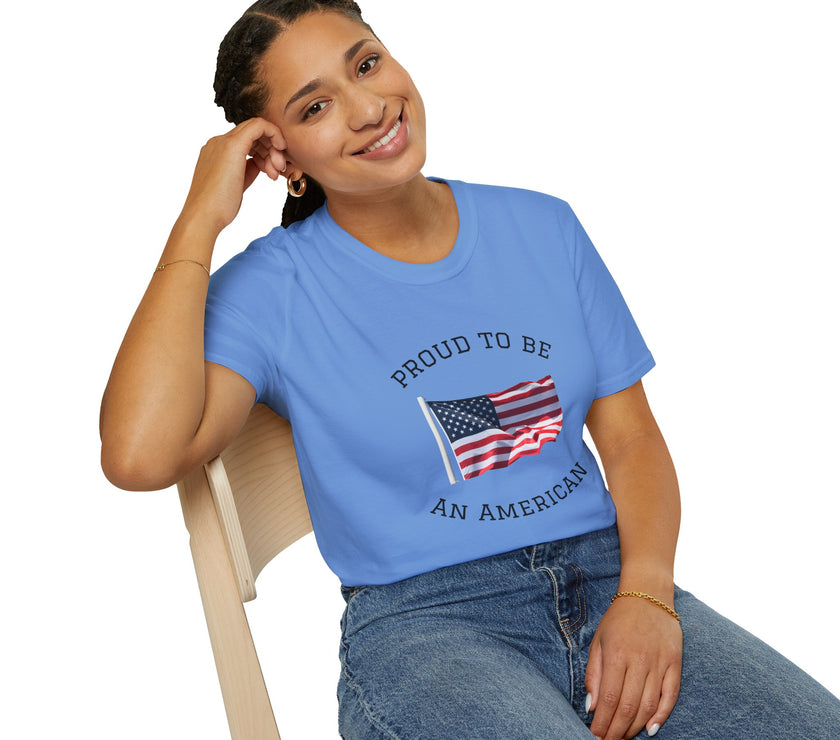 Smiling woman  wearing a white t-shirt with an American flag graphic and the words 'Proud to Be an American' printed around the flag