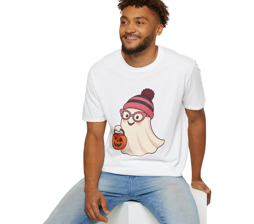 Man wearing a white t-shirt with a ghost graphic design sitting on a white stool.