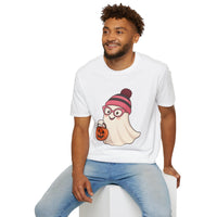 Man wearing a white t-shirt with a ghost graphic design sitting on a white stool.