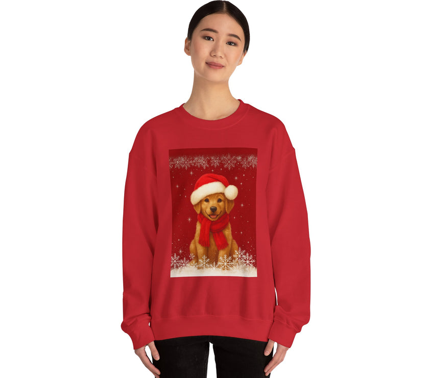 Person wearing a red sweatshirt with a Christmas-themed dog design on a white background