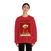 Person wearing a red sweatshirt with a Christmas-themed dog design on a white background