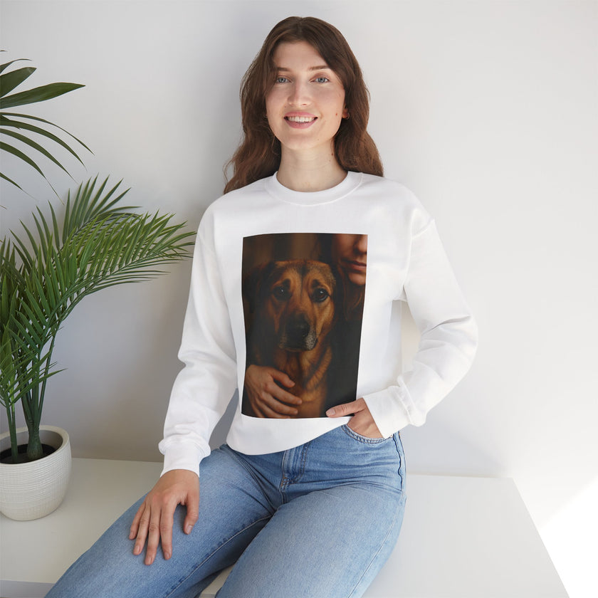 Person wearing a white sweatshirt with a dog's face printed on it, sitting in a room with a plant.