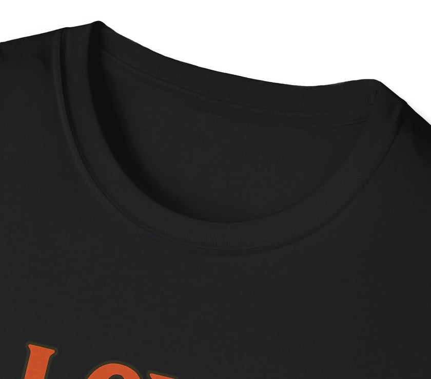 Black t-shirt with orange text on a white background