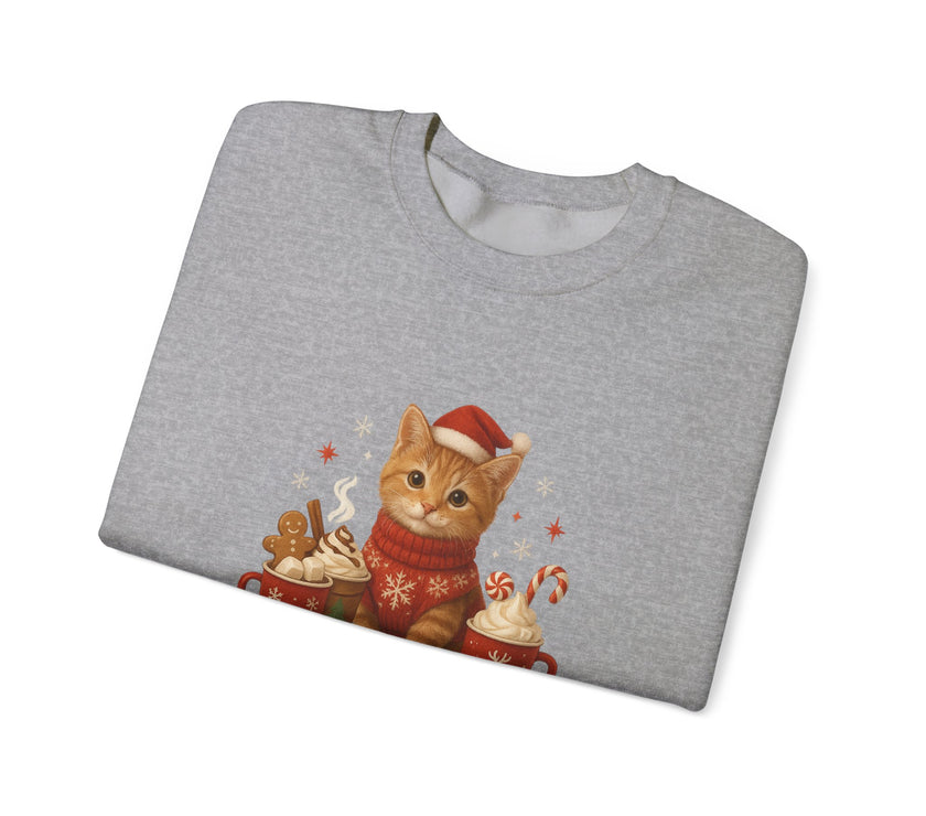 Folded gray t-shirt with a Christmas-themed cat design on a white background