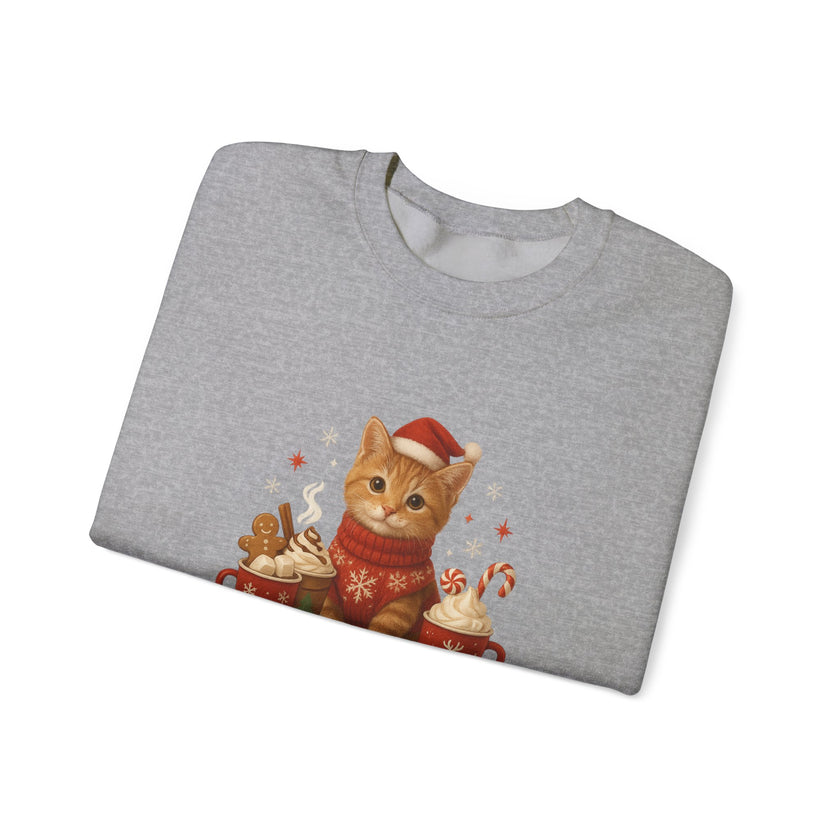 Folded gray t-shirt with a Christmas-themed cat design on a white background