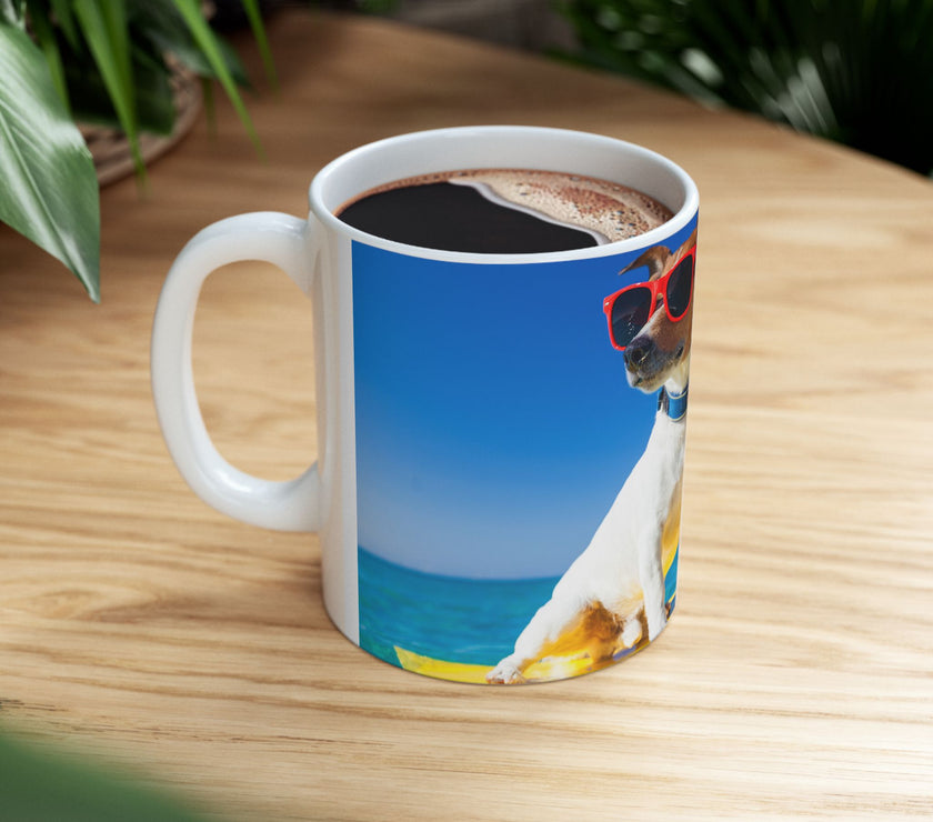 Cool Dog Coffee Mug - image of dog with sunglasses on surfboard and message "I work hard so my dog can have a better life” 