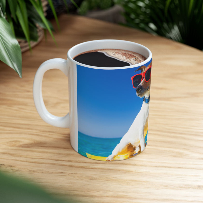Cool Dog Coffee Mug - image of dog with sunglasses on surfboard and message "I work hard so my dog can have a better life” 