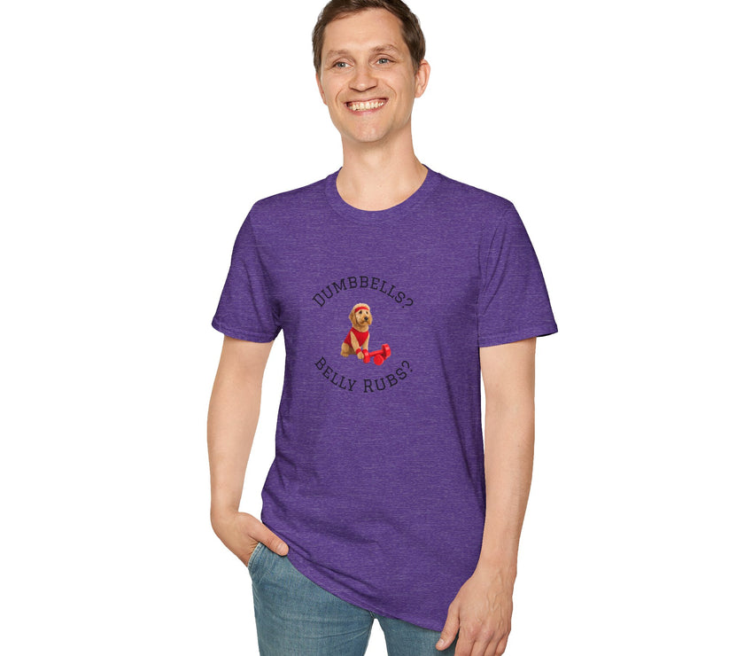 Person wearing a purple t-shirt with a graphic and text on a white background