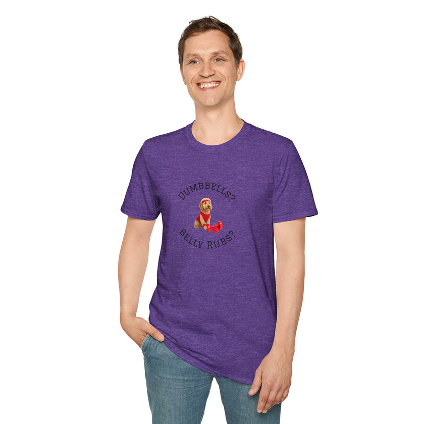 Person wearing a purple t-shirt with a graphic and text on a white background