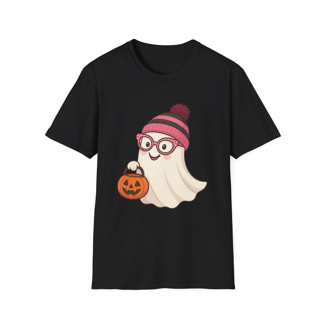 Black t-shirt with a ghost wearing glasses and a pink hat holding a pumpkin on a white background