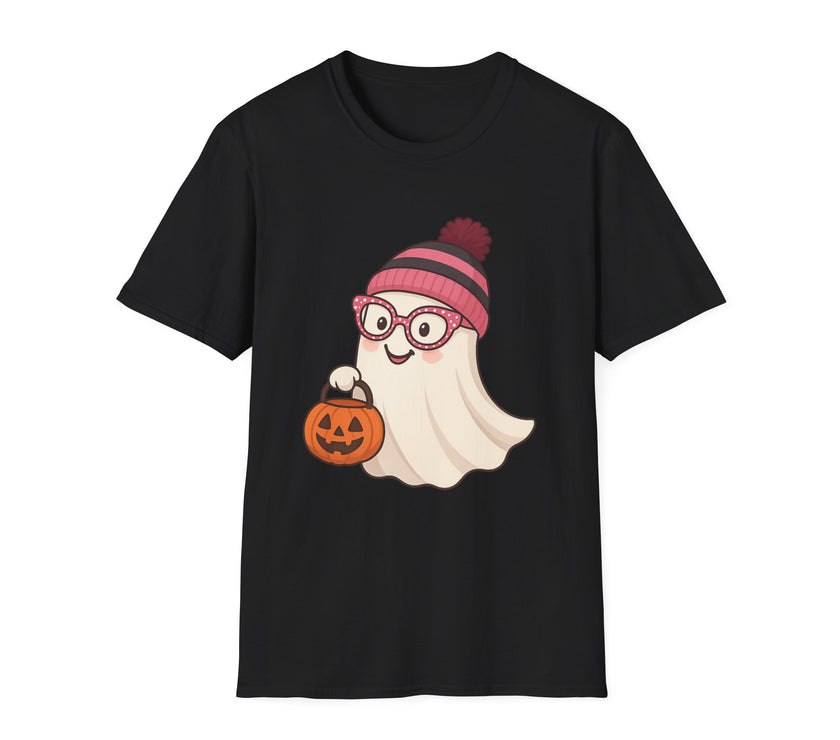 Black t-shirt with a ghost wearing glasses and a pink hat holding a pumpkin on a white background
