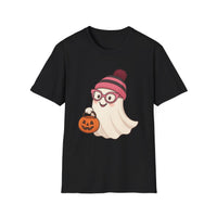 Black t-shirt with a ghost wearing glasses and a pink hat holding a pumpkin on a white background