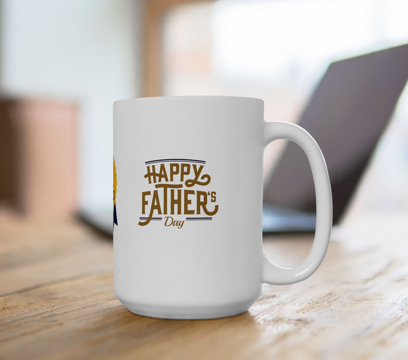White ceramic mug featuring a #1 Dad ribbon and Happy Father’s Day message, ideal gift for Father’s Day celebrations."