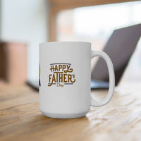 White ceramic mug featuring a #1 Dad ribbon and Happy Father’s Day message, ideal gift for Father’s Day celebrations."