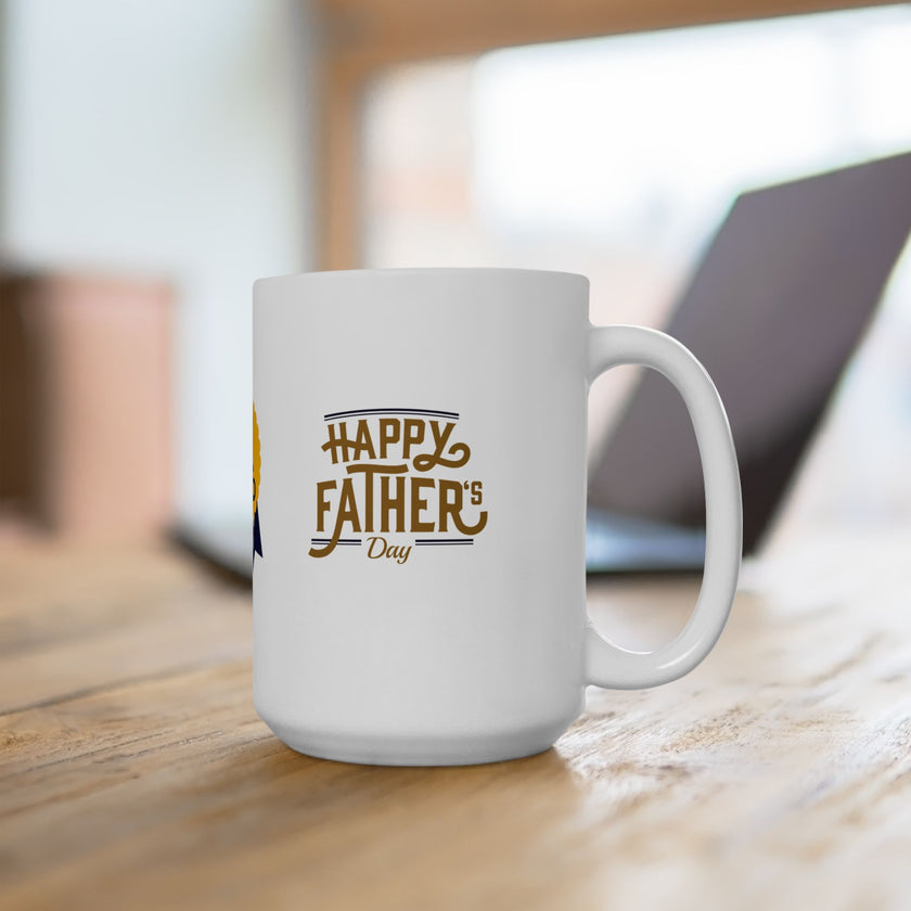White ceramic mug featuring a #1 Dad ribbon and Happy Father’s Day message, ideal gift for Father’s Day celebrations."