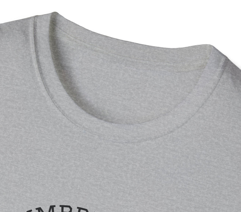 Gray t-shirt with 'Dumbbell' text on a white background