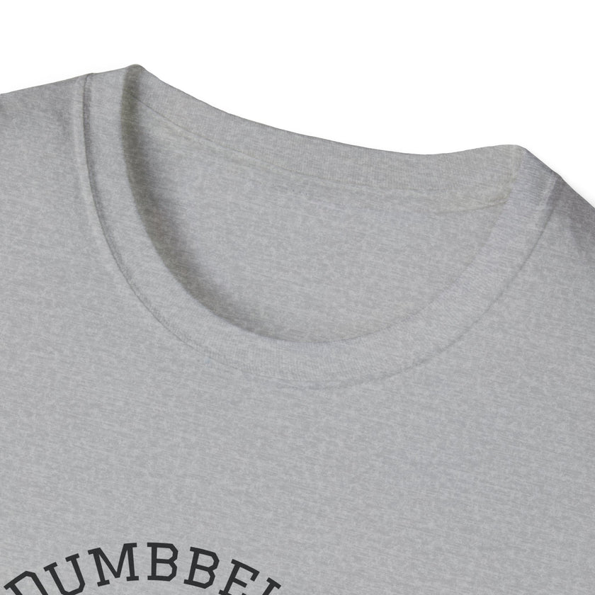 Gray t-shirt with 'Dumbbell' text on a white background