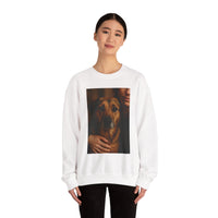 Person wearing a white sweatshirt with a graphic of a dog and hands on a white background