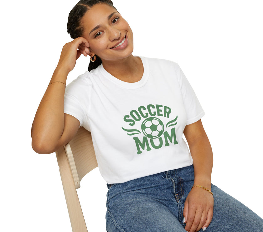 Woman wearing a white t-shirt with 'Soccer Mum' text and a soccer ball graphic on a white background