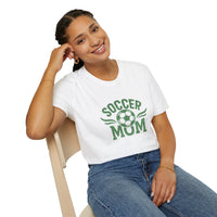 Woman wearing a white t-shirt with 'Soccer Mum' text and a soccer ball graphic on a white background
