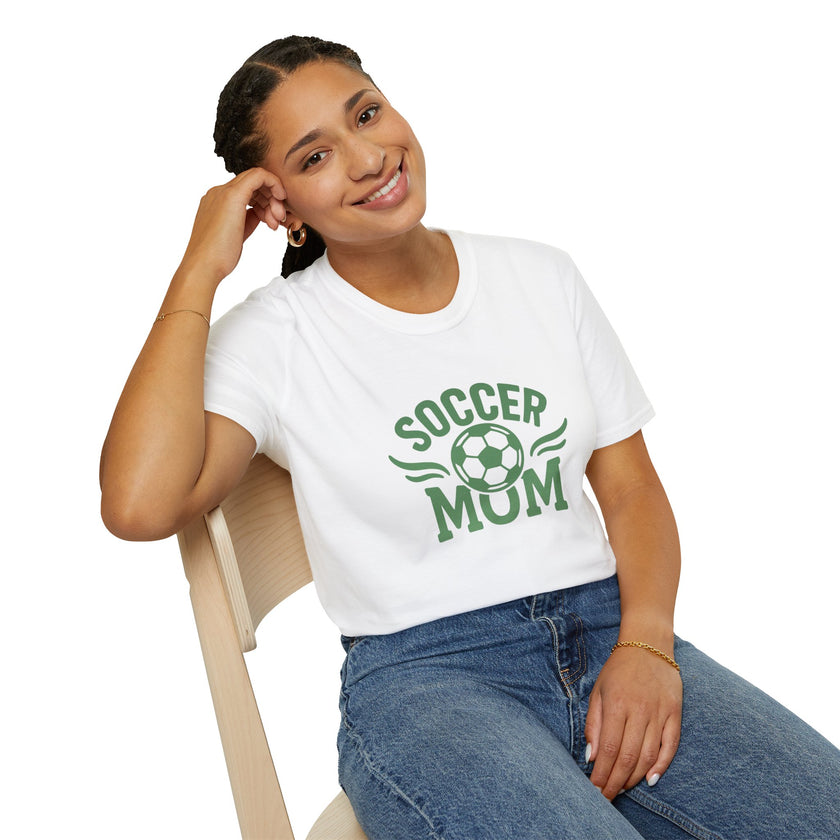 Woman wearing a white t-shirt with 'Soccer Mum' text and a soccer ball graphic on a white background